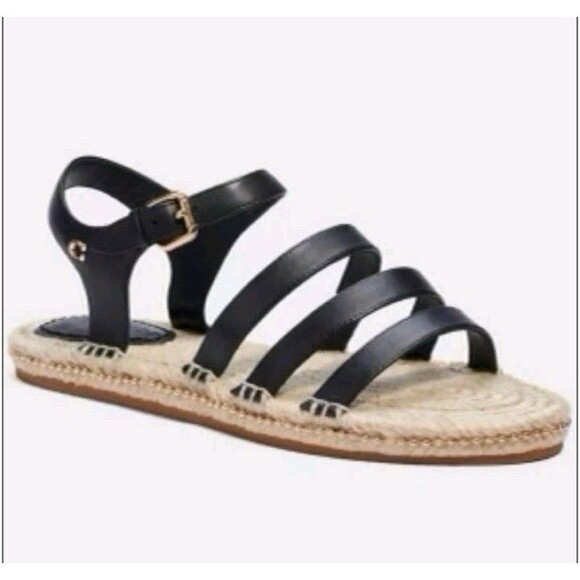 Coach Shoes - Coach Carissa Black Leather Espadrille Sandal Jute Gold Buckle 8B EUC